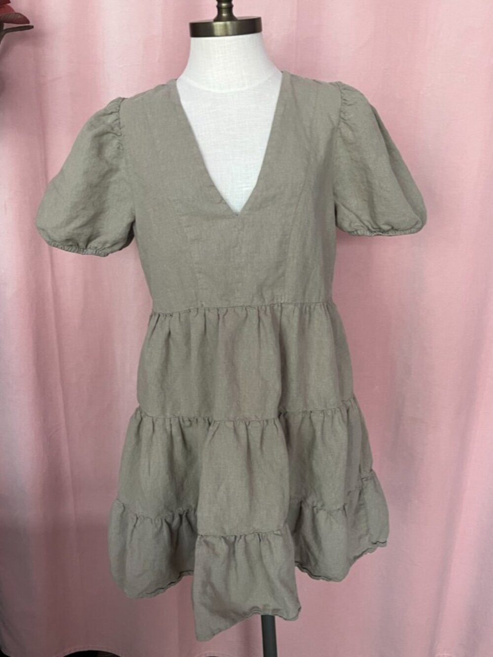 Zara Linen Blend Puff Sleeve Dress Size M Sage Green Tiered Mini Dress - Picture 5 of 6